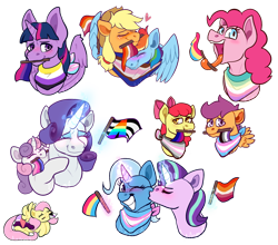 Size: 1280x1127 | Tagged: safe, artist:artwing74, imported from derpibooru, apple bloom, applejack, fluttershy, pinkie pie, rainbow dash, rarity, scootaloo, starlight glimmer, sweetie belle, trixie, twilight sparkle, alicorn, appledash, asexual pride flag, bisexual pride flag, butch lesbian, cheek kiss, cutie mark crusaders, demigirl pride flag, demisexual pride flag, female, gender headcanon, headcanon, hug, kiss on the cheek, kissing, lesbian, lesbian pride flag, lgbt headcanon, long tongue, male, mane six, nonbinary pride flag, omnisexual pride flag, pansexual pride flag, pride, pride flag, sexuality headcanon, shipping, siblings, simple background, sisters, startrix, straight ally flag, tomboy, tongue out, trans female, trans male, trans stallion scootaloo, trans trixie, transgender, transgender pride flag, transparent background, twilight sparkle (alicorn)