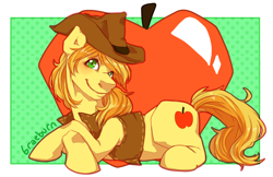 Size: 2550x1650 | Tagged: safe, artist:etrnlpeace, imported from derpibooru, braeburn, earth pony, pony, apple, clothes, cowboy hat, crossed hooves, food, hat, lying down, male, prone, solo, stallion, vest