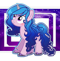 Size: 1440x1461 | Tagged: safe, artist:whiteplumage233, imported from derpibooru, izzy moonbow, pony, unicorn, abstract background, blushing, bracelet, cute, female, g4, g5, g5 to g4, izzybetes, jewelry, mare, solo, unshorn fetlocks