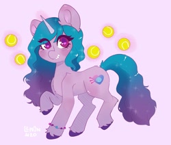 Size: 1979x1675 | Tagged: safe, artist:lem0n420, imported from derpibooru, izzy moonbow, pony, unicorn, ball, blushing, bracelet, cute, ear fluff, female, g5, grin, izzy's tennis ball, izzybetes, jewelry, looking at you, magic, mare, raised hoof, simple background, smiling, solo, teeth, telekinesis, tennis ball, unshorn fetlocks