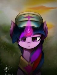 Size: 720x960 | Tagged: safe, artist:dedi-p-762, imported from derpibooru, twilight sparkle, pony, cap, female, glowing horn, hat, horn, lidded eyes, looking at you, mare, peytral, solo