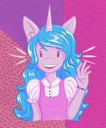 Size: 1280x1536 | Tagged: safe, artist:magicmarian, imported from derpibooru, izzy moonbow, anthro, unicorn, abstract background, bracelet, bust, clothes, dress, ear fluff, female, g5, horn, jewelry, looking at you, open mouth, solo, teeth, waving