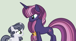 Size: 1446x782 | Tagged: safe, artist:roseloverofpastels, imported from derpibooru, oc, oc only, oc:radiant night, oc:silver song, pony, unicorn, female, filly, magical lesbian spawn, mare, offspring, parent:princess luna, parent:rumble, parent:sweetie belle, parent:tempest shadow, parents:rumbelle, parents:tempestluna, simple background