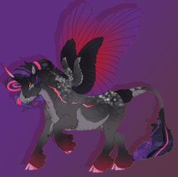 Size: 1936x1930 | Tagged: safe, artist:seffiron, imported from derpibooru, oc, oc only, oc:tender shade, alicorn, pony, colored wings, female, mare, multicolored wings, offspring, parent:king sombra, parent:twilight sparkle, parents:twibra, scar, solo, wings