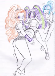 Size: 2114x2922 | Tagged: safe, artist:elgatosabio, imported from derpibooru, adagio dazzle, aria blaze, sonata dusk, equestria girls, adagio dat-azzle, ass, ball, butt, female, high res, partial color, the dazzlings, tongue out, traditional art, trio, trio female, wedgie