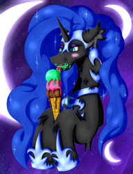 Size: 2484x3234 | Tagged: safe, artist:thebenalpha, imported from derpibooru, nightmare moon, alicorn, pony, armor, chest fluff, ear fluff, female, food, high res, ice cream, mare, moon, simple background, tongue out