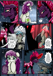 Size: 2480x3508 | Tagged: safe, artist:dsana, imported from derpibooru, fizzlepop berrytwist, tempest shadow, oc, oc:fireweed, oc:thistledown, earth pony, pony, unicorn, comic:a storm's lullaby, angry, armor, brother and sister, cloak, clothes, comic, crying, crystal armor, female, horn, lifting, male, mare, scar, siblings, snow, stallion, tempest gets her horn back, throwing