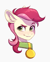 Size: 1032x1268 | Tagged: safe, artist:barlerd, imported from derpibooru, roseluck, pony, bust, collar, commission, commissioner:doom9454, dreamworks face, eyebrows, fangs, green eyes, pet tag, pony pet, portrait, rosepet, solo
