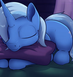 Size: 1280x1344 | Tagged: safe, artist:aquaticvibes, imported from derpibooru, trixie, pony, unicorn, cute, diatrixes, female, lying down, mare, missing accessory, pillow, prone, sleeping, solo