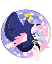 Size: 1280x1595 | Tagged: safe, artist:ladylullabystar, imported from derpibooru, oc, oc only, oc:lullaby star, alicorn, pony, cloak, clothes, female, mare, solo, two toned wings, wings