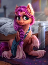 Size: 1494x2020 | Tagged: safe, artist:bananitryi, imported from derpibooru, sunny starscout, earth pony, pony, badge, bag, bed, bedroom, braid, chest fluff, cute, ear fluff, female, g5, mare, raised hoof, signature, sitting, solo, unshorn fetlocks