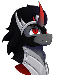 Size: 1280x1536 | Tagged: safe, artist:aquaticvibes, imported from derpibooru, king sombra, pony, umbrum, unicorn, armor, bust, crown, curved horn, fangs, horn, jewelry, looking up, male, regalia, solo, stallion