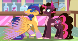 Size: 1272x675 | Tagged: safe, artist:alister-calouro, imported from derpibooru, oc, oc:starry sword, oc:sugary bullet, earth pony, pegasus, pony, colored wings, colt, duo, gradient hooves, large wings, male, offspring, parent:cheese sandwich, parent:flash sentry, parent:pinkie pie, parent:twilight sparkle, parents:cheesepie, parents:flashlight, story in the source, sugarcube corner, wings
