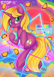 Size: 2480x3508 | Tagged: safe, artist:musicfirewind, artist:wavecipher, imported from derpibooru, oc, oc only, oc:bright star, pony, unicorn, baja blast, error message, female, food, mare, solo, synthwave, taco, triangle, vaporwave