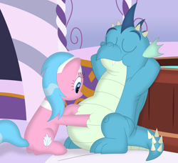 Size: 3544x3236 | Tagged: safe, artist:porygon2z, imported from derpibooru, aloe, oc, oc:gutz, dragon, earth pony, pony, arm behind head, belly, bellyrubs, big belly, eyes closed, massage, ponyville spa, smiling