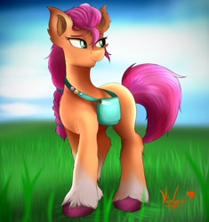 Size: 3200x3400 | Tagged: safe, artist:pizzavioletgirl, imported from derpibooru, sunny starscout, earth pony, pony, badge, bag, braid, ear fluff, female, g5, grass, high res, mare, signature, sky, smiling, solo, unshorn fetlocks