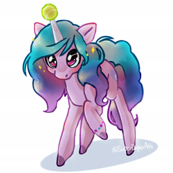 Size: 2339x2339 | Tagged: safe, artist:superduperath, imported from derpibooru, izzy moonbow, pony, unicorn, ball, blushing, bracelet, cute, female, g5, high res, horn, horn guard, horn impalement, hornball, izzy's tennis ball, izzybetes, jewelry, mare, raised hoof, signature, simple background, solo, tennis ball, unshorn fetlocks, white background