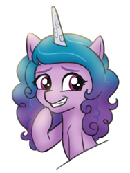 Size: 570x757 | Tagged: safe, artist:whitequartztheartist, imported from derpibooru, izzy moonbow, pony, unicorn, cute, female, g5, grin, izzybetes, mare, raised hoof, simple background, smiling, solo, teeth, white background