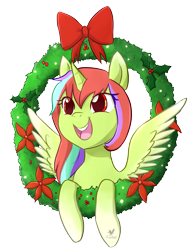 Size: 1341x1713 | Tagged: safe, artist:foxhatart, imported from derpibooru, oc, oc only, oc:gaian, alicorn, pony, christmas, christmas wreath, female, holiday, mare, solo, wreath