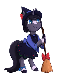 Size: 1420x1764 | Tagged: safe, artist:foxhatart, imported from derpibooru, oc, oc only, oc:lavender rose, pony, unicorn, bipedal, broom, clothes, dress, female, hat, hoof hold, mare, shirt, simple background, solo, transparent background, witch hat