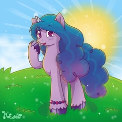 Size: 1000x1000 | Tagged: safe, artist:cartoonplace, imported from derpibooru, izzy moonbow, pony, unicorn, blushing, bracelet, cute, female, g5, grass, izzybetes, jewelry, mare, open mouth, raised hoof, signature, sky, solo, sun, unshorn fetlocks