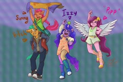 Size: 1772x1181 | Tagged: safe, artist:shacy's pagelings, artist:shacysartothers, imported from derpibooru, hitch trailblazer, izzy moonbow, pipp petals, sunny starscout, anthro, earth pony, pegasus, unicorn, armpits, badge, bag, ball, boots, braid, carrying, clothes, converse, eyes closed, female, g5, horn, horn guard, horn impalement, hornball, izzy's tennis ball, jacket, male, one eye closed, open mouth, pants, piggyback ride, pipp, shoes, shorts, signature, skirt, spread wings, tennis ball, text, wings