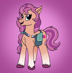 Size: 1996x2005 | Tagged: safe, artist:prismthepup, imported from derpibooru, sunny starscout, earth pony, pony, badge, bag, braid, cute, female, g5, gradient background, looking at you, mare, open mouth, solo, sunnybetes, unshorn fetlocks