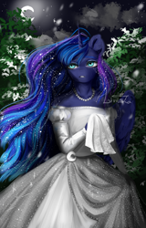 Size: 3200x5000 | Tagged: safe, artist:livitoza, imported from derpibooru, princess luna, alicorn, anthro, clothes, crescent moon, dress, female, flower, jewelry, moon, necklace, solo