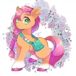 Size: 1800x1800 | Tagged: safe, artist:zakro, imported from derpibooru, sunny starscout, earth pony, pony, abstract background, badge, bag, braid, cute, female, flower, g5, mare, signature, simple background, smiling, solo, sunnybetes, unshorn fetlocks, white background