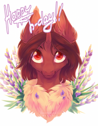 Size: 1400x1800 | Tagged: safe, artist:hazepages, imported from derpibooru, oc, oc only, oc:red flux, changeling, insect, moth, mothling, original species, bust, eye clipping through hair, eyebrows, eyebrows visible through hair, flower, horn, looking at you, male, neck fluff, portrait, red changeling, signature, simple background, smiling, smiling at you, solo, species swap, white background