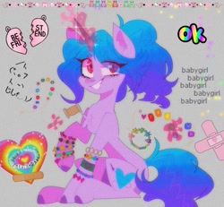 Size: 1024x946 | Tagged: safe, artist:blairvonglitter, imported from derpibooru, izzy moonbow, pony, unicorn, bandaid, bracelet, chest fluff, ear fluff, female, g5, gray background, grin, heart, heartbreak, jewelry, looking at you, magic, mare, raised hoof, simple background, sitting, smiling, solo, teeth, telekinesis, text, thread