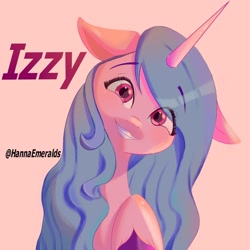 Size: 2048x2048 | Tagged: safe, artist:hannagm15byhan1, imported from derpibooru, izzy moonbow, pony, unicorn, cute, female, floppy ears, g5, grin, high res, izzybetes, looking at you, mare, pink background, raised hoof, simple background, smiling, solo, teeth, text, unshorn fetlocks