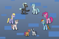 Size: 1280x854 | Tagged: safe, artist:platinumdrop, imported from derpibooru, blossomforth, cloud kicker, pinkie pie, rainbow dash, rumble, scootaloo, thunderlane, oc, oc:windy breeze, pegasus, pony, colt, female, filly, male, mare, request, stallion
