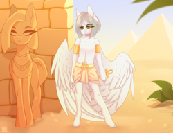 Size: 2808x2160 | Tagged: safe, artist:elektra-gertly, imported from derpibooru, oc, oc:light knight, pegasus, semi-anthro, ankh, anthro oc, arm hooves, day, desert, egypt, egyptian, loincloth, male, pyramid, solo, statue
