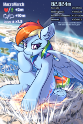 Size: 1200x1800 | Tagged: safe, artist:ravistdash, imported from derpibooru, rainbow dash, pegasus, pony, semi-anthro, city, destruction, fetish, giant rainbow dash, growth drive, impact, incentive drive, island, macro, smiling, smirk, solo, superhero landing, text, underhoof, wings