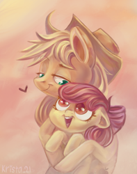 Size: 1416x1800 | Tagged: safe, artist:krista-21, imported from derpibooru, apple bloom, applejack, earth pony, pony, applelove, duo, duo female, female, filly, hug, mare, open mouth, siblings, sisters, smiling