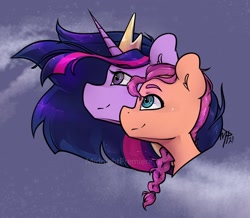 Size: 1200x1048 | Tagged: safe, artist:midnightpremiere, imported from derpibooru, sunny starscout, twilight sparkle, alicorn, earth pony, pony, unicorn, the last problem, braid, bust, crown, female, g5, jewelry, mare, older, older twilight, portrait, princess twilight 2.0, regalia, signature, smiling, sunny and her heroine, twilight sparkle (alicorn)
