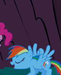 Size: 435x540 | Tagged: safe, edit, edited screencap, imported from derpibooru, screencap, pinkie pie, rainbow dash, earth pony, pegasus, pony, friendship is magic, season 1, animated, cropped, cute, dashabetes, female, flying, gif, jumping, mare, open mouth, reversed, scaring, smiling, solo focus, tongue out, wings