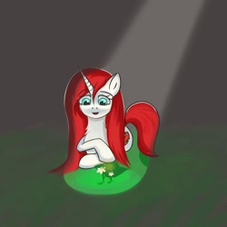 Size: 1080x1080 | Tagged: safe, imported from derpibooru, oc, oc only, oc:itammy, pony, unicorn, crepuscular rays, female, flower, grass, happy, horn, light, lying, mare, smiling, solo, sun ray, unicorn oc