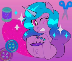 Size: 1492x1270 | Tagged: safe, artist:mewnikitty, imported from derpibooru, izzy moonbow, pony, unicorn, blushing, bracelet, button, chest fluff, cute, female, g5, gradient background, heart, izzybetes, jewelry, looking at you, mare, one eye closed, scissors, smiling, solo, thread, unshorn fetlocks, wink