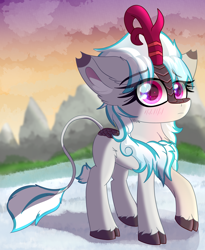 Size: 5636x6875 | Tagged: safe, artist:windykirin, imported from derpibooru, oc, oc only, oc:windshear, kirin, absurd file size, absurd resolution, blushing, female, long eyelashes, mountain, shy, snow, solo