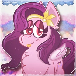 Size: 1024x1024 | Tagged: safe, artist:iamglimm, imported from derpibooru, pipp petals, pegasus, pony, :p, blushing, chest fluff, cloud, eyelashes, female, g5, looking at you, mare, pipp, sky, solo, text, tongue out