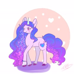 Size: 2048x2048 | Tagged: safe, artist:vic17523835, imported from derpibooru, izzy moonbow, pony, unicorn, abstract background, blushing, bracelet, cute, female, g5, high res, izzybetes, jewelry, looking at you, one eye closed, solo, unshorn fetlocks, wink
