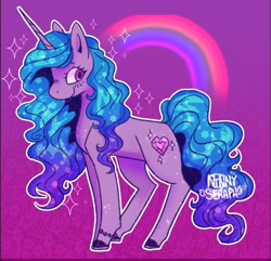 Size: 584x564 | Tagged: safe, artist:ninnyseraph, imported from derpibooru, izzy moonbow, pony, unicorn, abstract background, bracelet, cute, female, g5, izzybetes, jewelry, mare, rainbow, smiling, solo