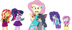Size: 10593x4508 | Tagged: safe, artist:urhangrzerg, imported from derpibooru, fluttershy, rarity, sci-twi, sunset shimmer, sweetie belle, twilight sparkle, cat, human, mouse, equestria girls, equestria girls series, cartoon network, crossover, crying, imminent pain, jerry mouse, makeup, mascarity, moments before disaster, rarity peplum dress, running makeup, simple background, this will end in pain, this will not end well, tom and jerry, tom cat, transparent background, vector