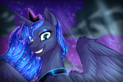 Size: 1500x1000 | Tagged: safe, artist:not-ordinary-pony, derpibooru exclusive, imported from derpibooru, princess luna, alicorn, pony, diadem, ethereal mane, female, glowing mane, mare, peytral, smiling, solo, starry mane