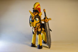 Size: 1024x681 | Tagged: safe, artist:crosslineanimator, imported from derpibooru, sunset shimmer, pony, unicorn, armor, clay, female, figure, mare, model, photography, plasticine, solo, sword, weapon