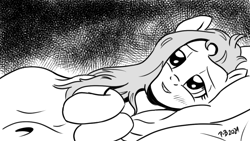 Size: 1200x675 | Tagged: safe, artist:pony-berserker, imported from derpibooru, fluttershy, pony, bed, bedroom eyes, cute, good morning, halftone, looking at you, lying down, lying on bed, messy hair, monochrome, morning ponies, on bed, on side, shyabetes, solo, stippling