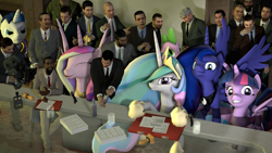 Size: 3000x1687 | Tagged: safe, imported from derpibooru, princess cadance, princess celestia, princess luna, shining armor, spike, twilight sparkle, alicorn, human, pony, 3d, alicorn tetrarchy, bottle, camera, conference, confused, documents, female, frown, glass table, gmod, grin, group, group photo, group shot, laughing, looking at you, mare, smiling, sneezing, source filmmaker, table, tongue out, twilight sparkle (alicorn)