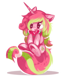 Size: 906x1050 | Tagged: safe, artist:typicalup, imported from derpibooru, oc, oc only, oc:melon pop, pony, unicorn, eating, floppy ears, food, herbivore, horn, sitting, solo, unicorn oc, watermelon